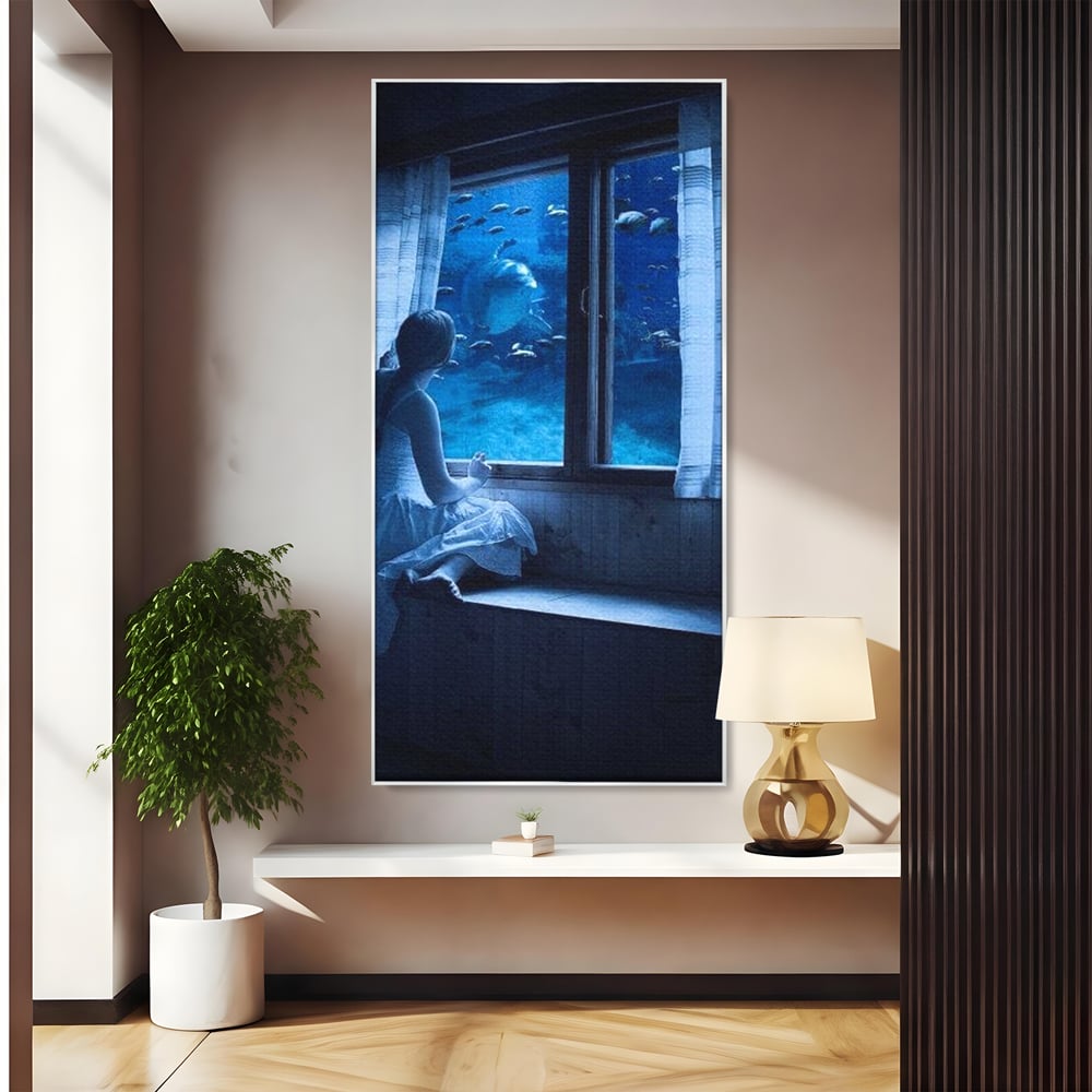 Tablou canvas cu tablou canvas cu fata privind in acvariu, in rama de aluminiu argintiu